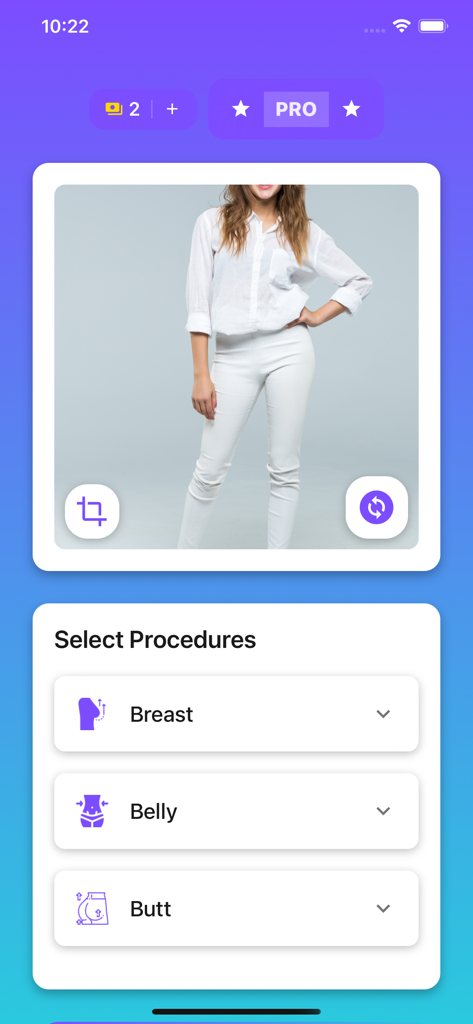 Pody Plastic Surgery Simulator - Interface of the Pody app showing options to simulate breast belly and butt plastic surgery procedures