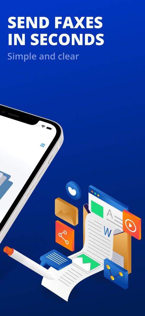 An illustration of a smartphone with digital document icons and the headline Send faxes in seconds