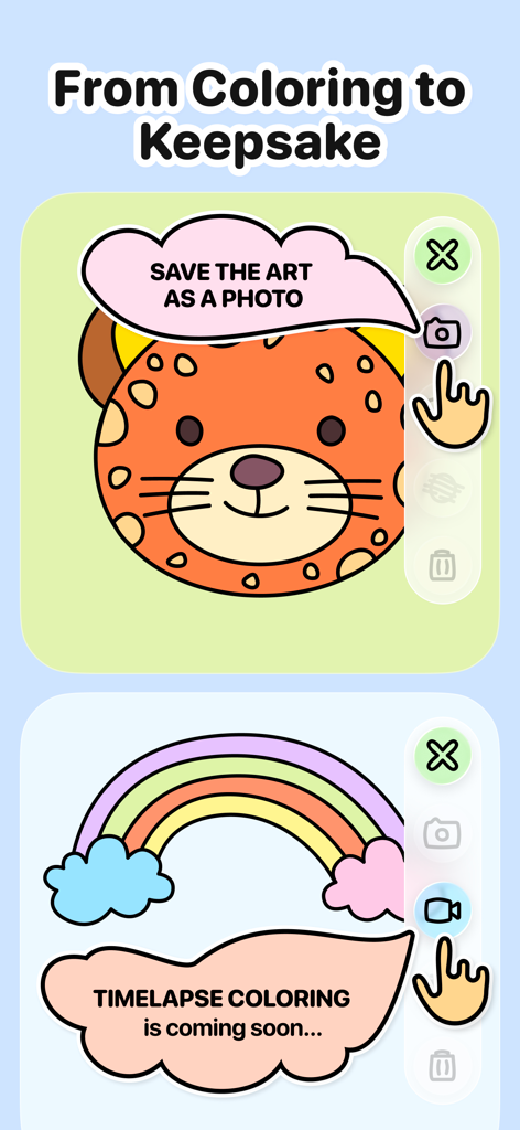 AI-Free Kids Coloring • Mea - Interface showing how to save children's coloring art as photos and upcoming timelapse feature