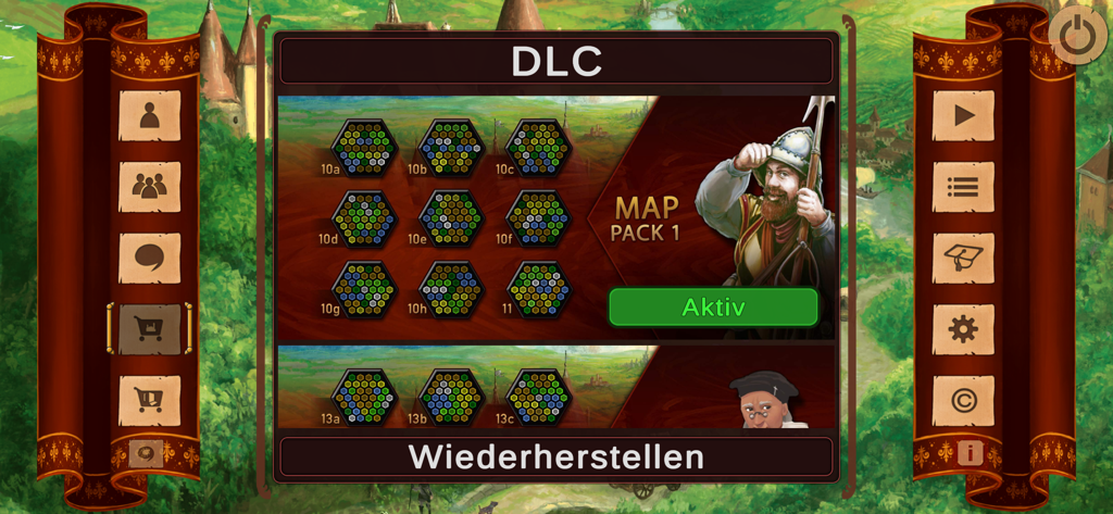 The Castles of Burgundy app DLC screen showing Map Pack 1 with various hexagonal map layouts