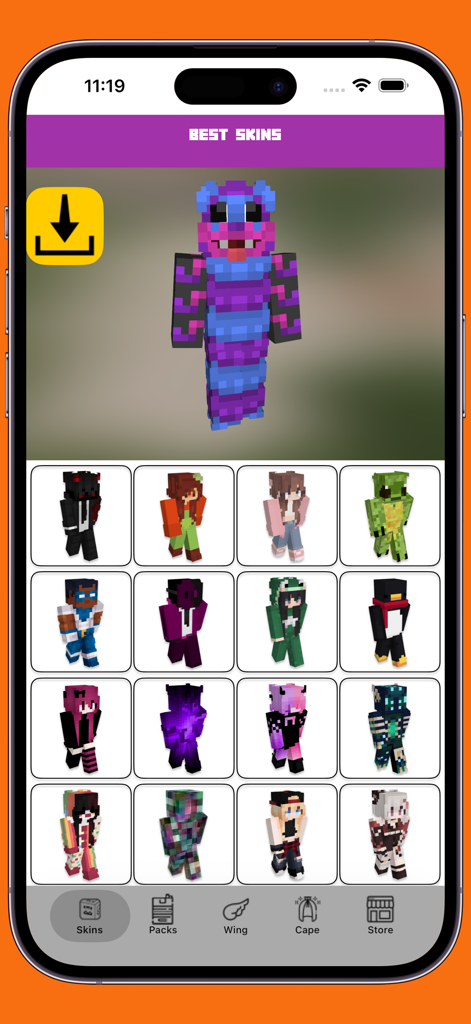 Skinseed - Skins for Minecraft - Tela do aplicativo mostrando uma coleção de skins de personagens personalizadas para Minecraft no Skinseed