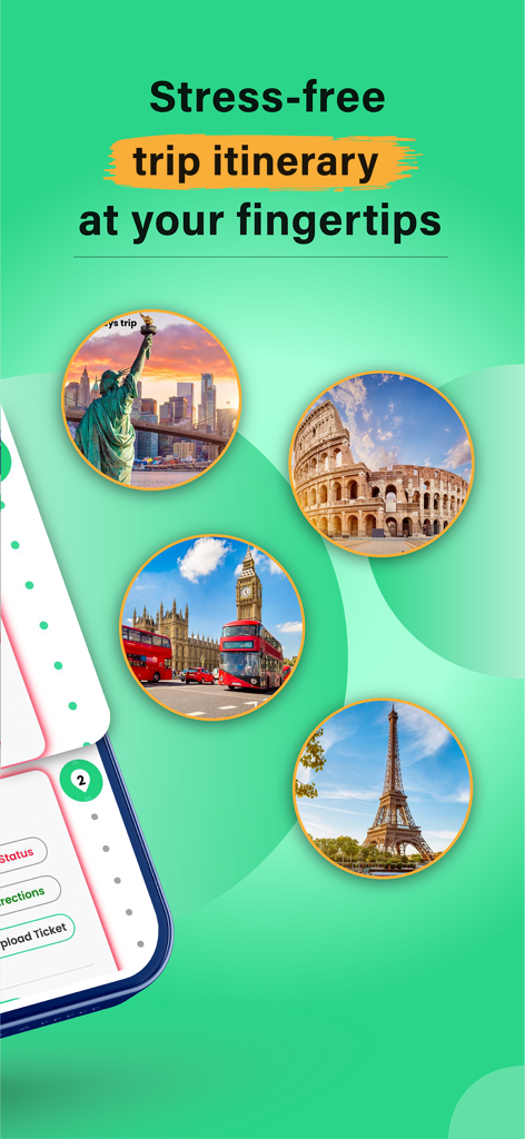 Travel Genie app interface for stress free trip planning featuring landmarks like the Eiffel Tower and Big Ben