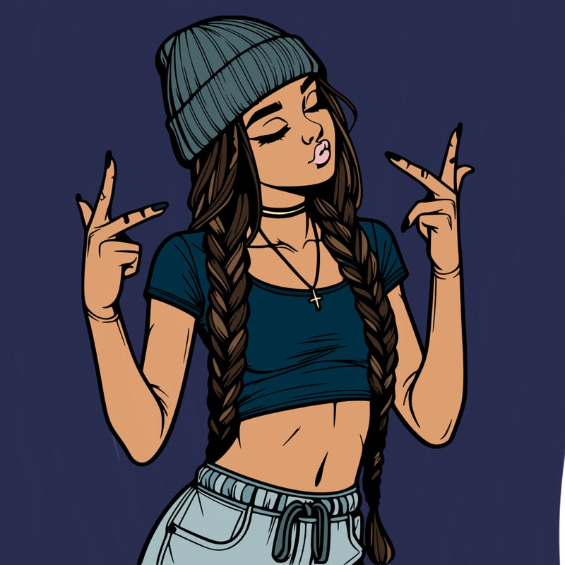 realistic teenage girl with braids and a beanie and crop top doing 🫶🏼