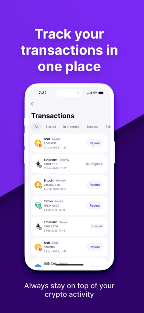 A mobile interface of the Coindisco app showing a list of cryptocurrency transaction history including Bitcoin and Ethereum.