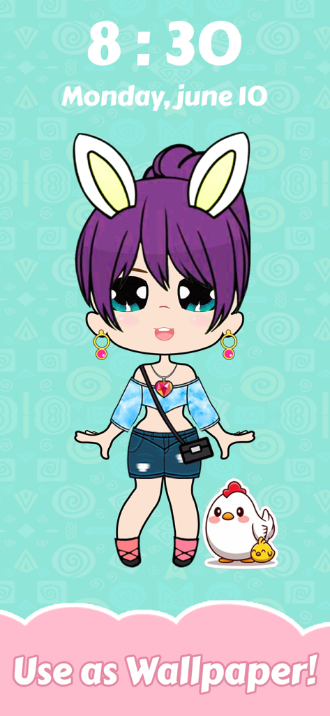 Dress Up Doll Games - A customized chibi doll with bunny ears and a pet chicken used as a mobile phone wallpaper