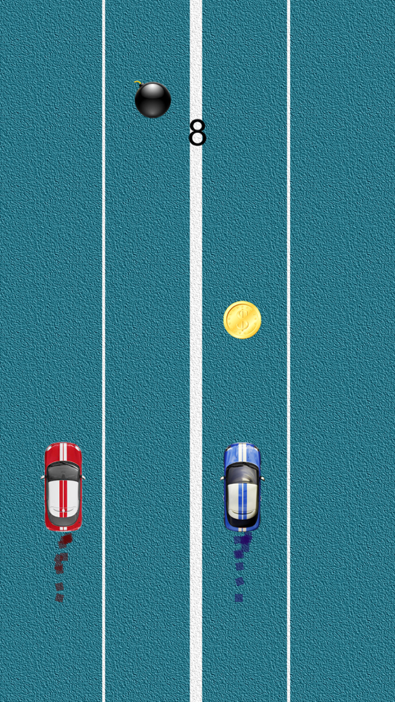 2-Cars - Top down view of the 2-Cars mobile game with two cars avoiding a bomb and collecting a coin