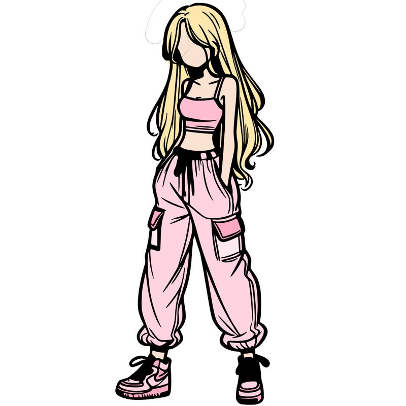 girl in baggy pants crop top and long hair
