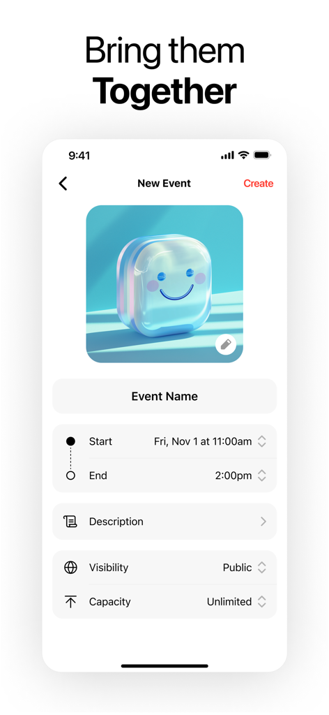 Scoop Messenger - Mobile interface of Scoop Messenger showing the creation of a new event with date time and visibility settings
