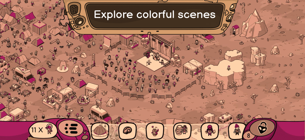 Looking for Aliens - A hand drawn hidden object level featuring a busy desert festival with a music stage and tents