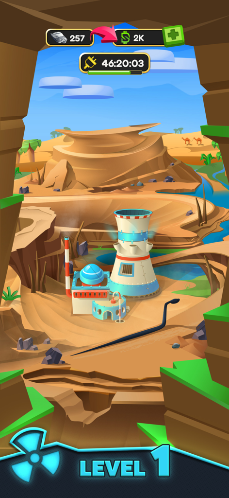 Nuclear Tycoon: Idle Reactor - Level 1 gameplay of Nuclear Tycoon Idle Reactor showing a nuclear power plant in a desert landscape
