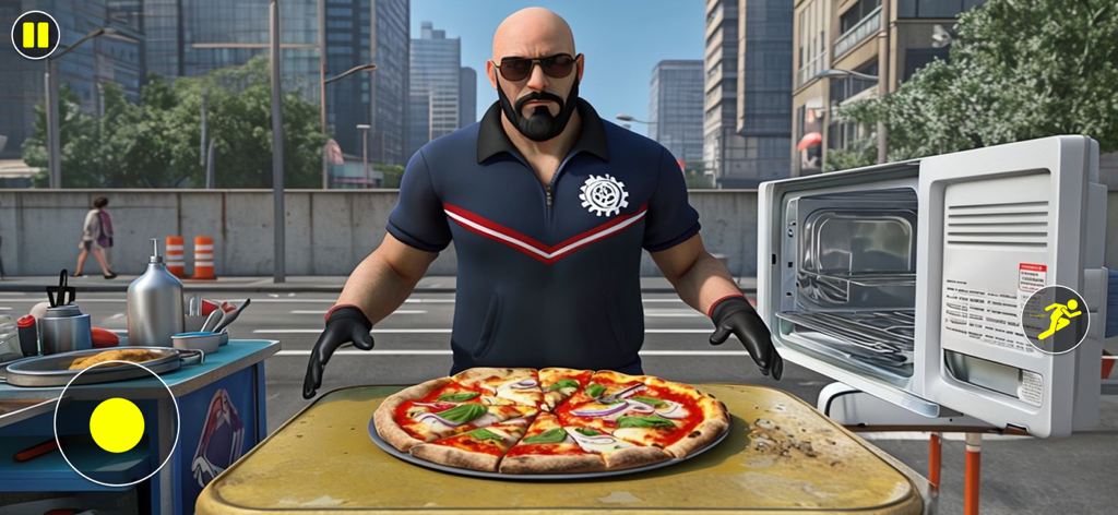 Cooking Quest Food Simulator! - A chef with sunglasses presenting a freshly baked pizza at an outdoor street stall.