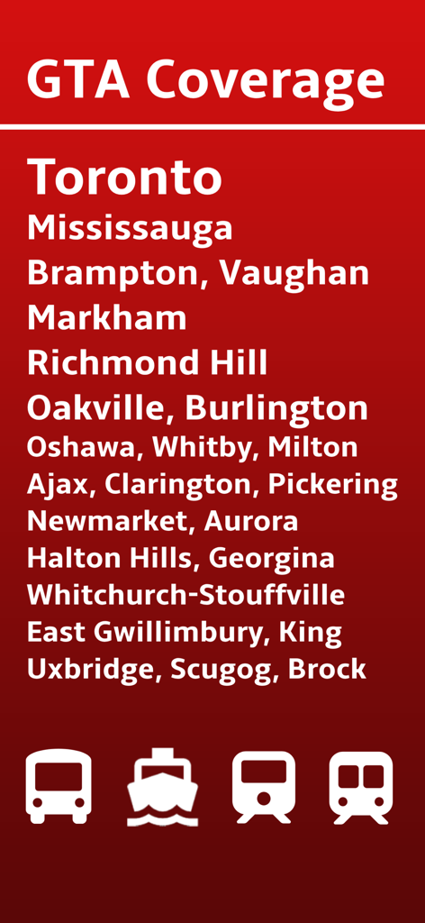 List of cities covered by the GTA Transit app including Toronto, Mississauga, and Brampton