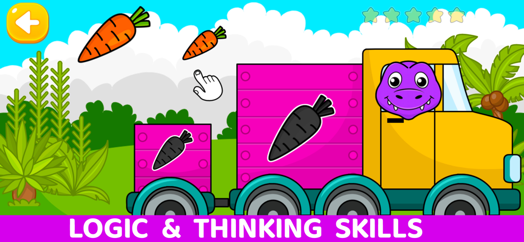 Dinosaur Games For Kids 2-7 - A toddler logic game where a child sorts carrots by size into a truck driven by a dinosaur