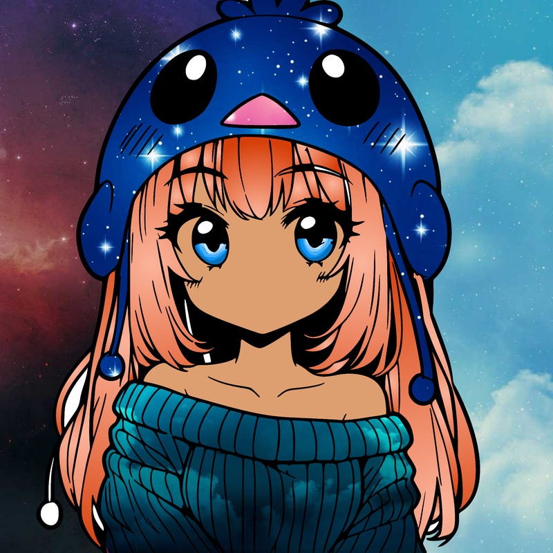 anime girl with chick shaped hat with sweater with bare shoulders with bangs covering them one eye with low tail
