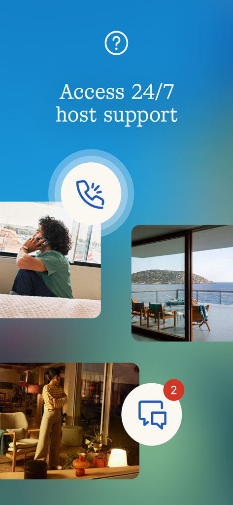 Vrbo Owner - Vrbo Owner app screen showcasing 24-7 host support with icons for phone and messaging