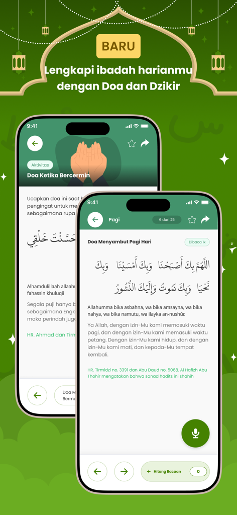 Daily prayers and dzikir feature interface in the Ngaji.ai app