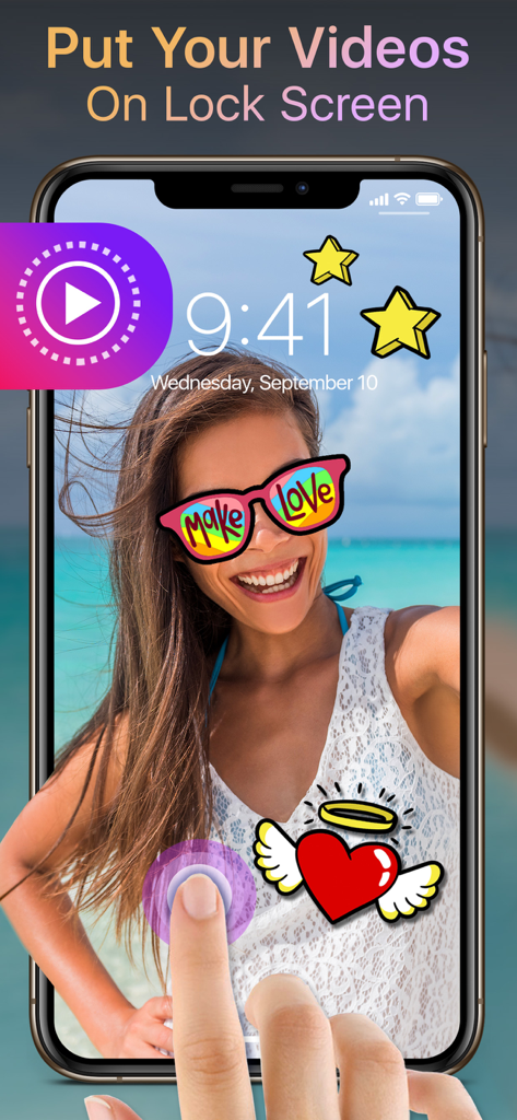 Cool Live Wallpapers Maker 4k - Pantalla de bloqueo de iPhone que muestra un fondo de pantalla animado personalizado creado a partir de un video personal con pegatinas divertidas.