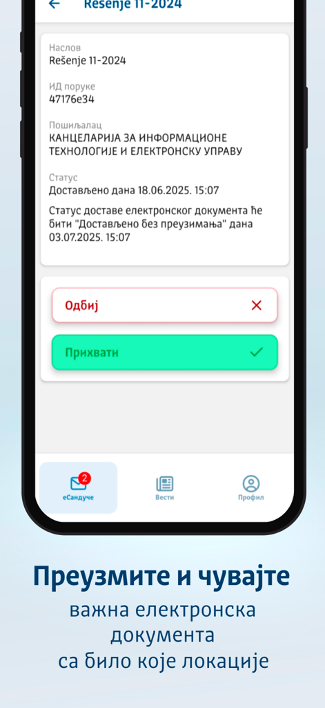 Moje eSanduče - Moje eSanduče app interface showing an electronic government document with options to accept or reject