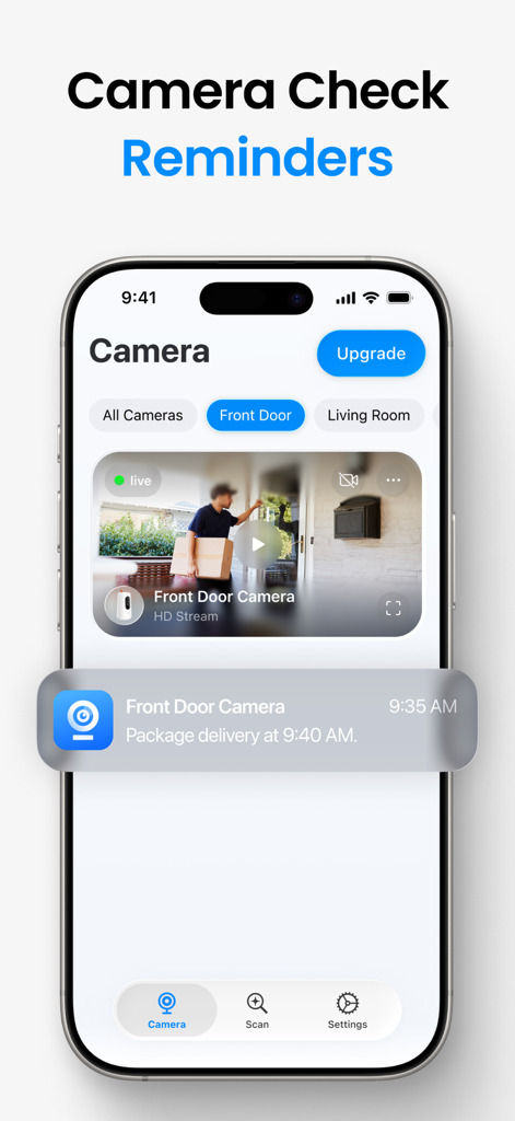 Security Camera Home App - App Fotocamera di Sicurezza Casa su uno smartphone che mostra un feed live della fotocamera della porta d'ingresso con un avviso di notifica di consegna pacco