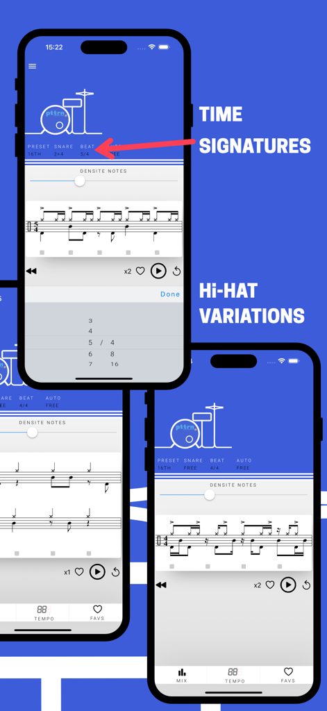 pttrN for drummers - Interfaz de la aplicación pttrN para bateristas mostrando compases y variaciones de hi-hat en varias pantallas