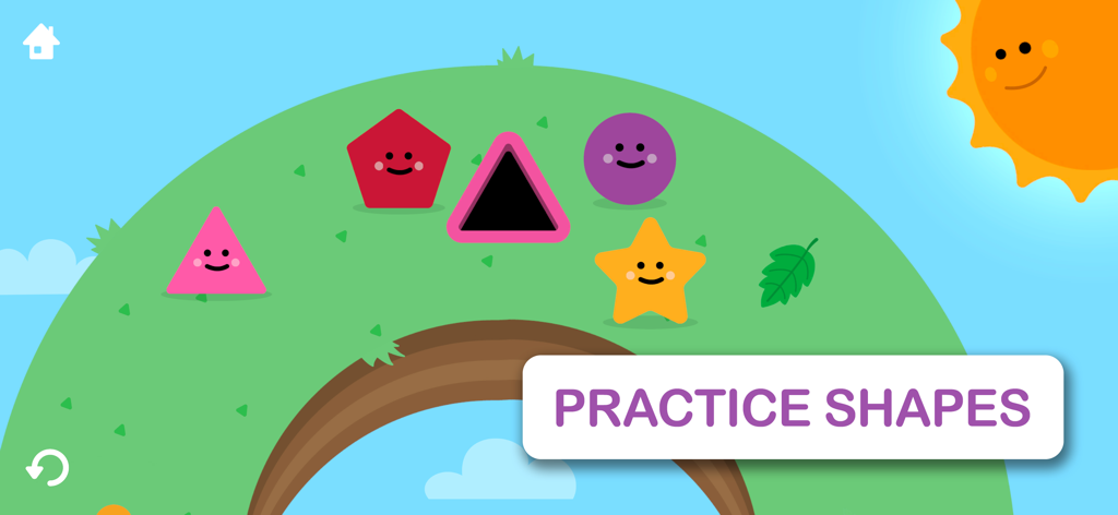 Goodness Shapes Shuffle - Formas de dibujos animados coloridas y sonrientes en una colina verde con el texto Practice Shapes