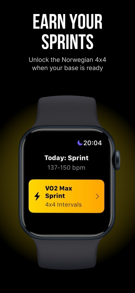 Zone 2 AI: Vo2 Max & Endurance - Interfaccia Apple Watch che mostra il protocollo di sprint norvegese 4x4 nell'app Zone 2 AI.