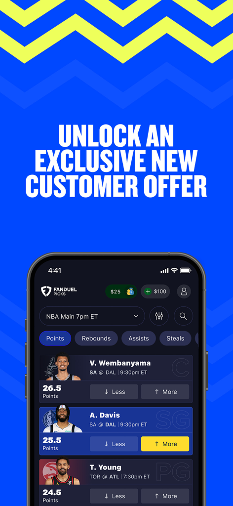 FanDuel Picks - FanDuel Picks mobile app showing NBA player prop selections and an exclusive new customer offer