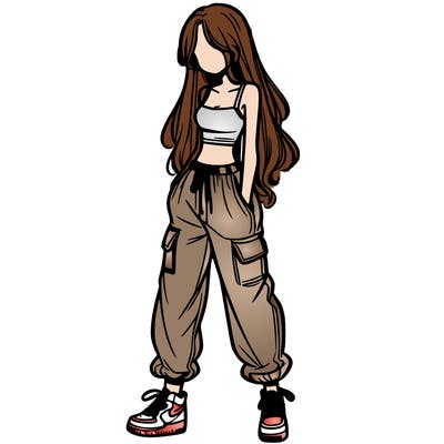 girl in baggy pants crop top and long hair