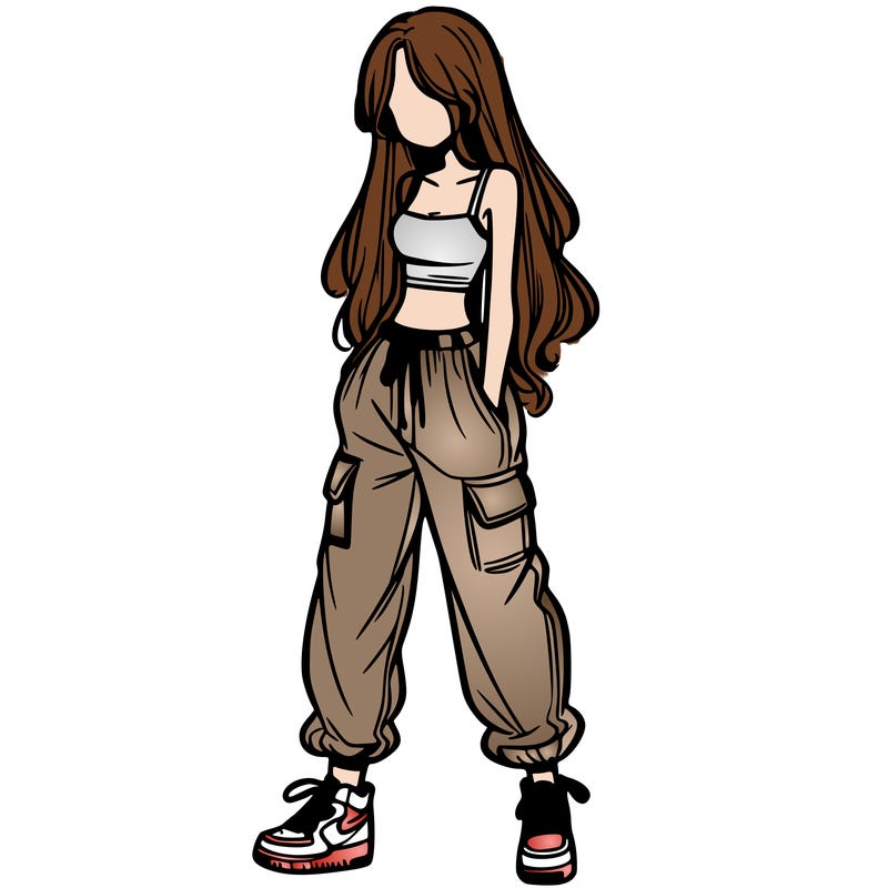 girl in baggy pants crop top and long hair