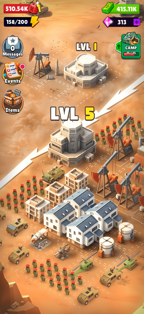 War Master : Strategy Battle - Top down view of a military base with buildings and troops in War Master Strategy Battle