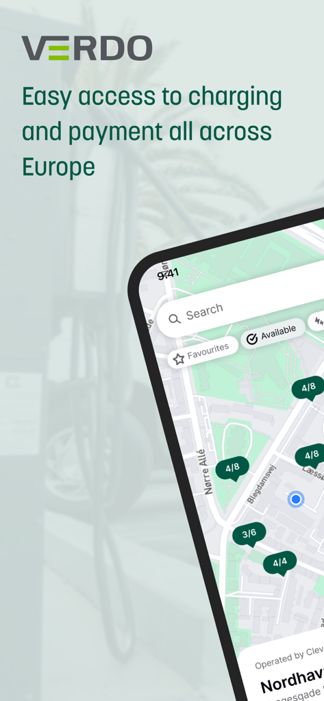 Verdo Opladning app screen showing available EV charging stations on a map across Europe