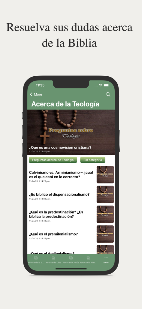 Estudios Bíblicos Profundos - Pantalla de la aplicación con preguntas sobre teología y doctrina cristiana