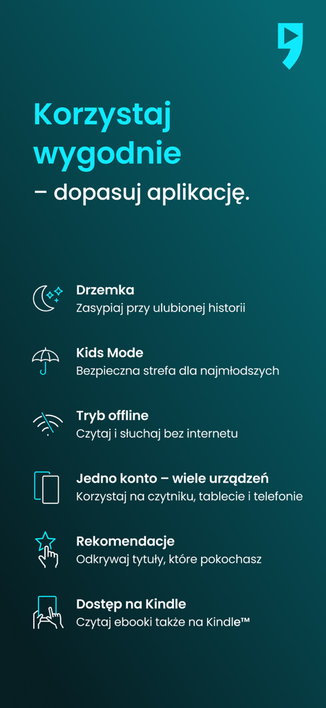 List of Empik Go app features including Kids Mode, offline mode, and Kindle access