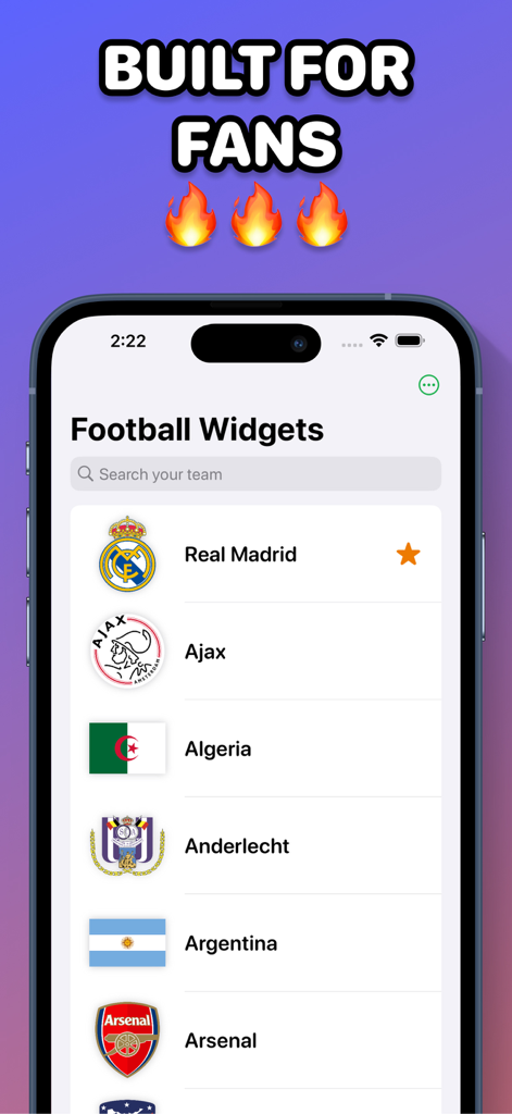 Balltime Soccer Widget - iPhone-Bildschirm zeigt eine Liste von Fußballmannschaften und Nationalkadern wie Real Madrid und Arsenal zur Widget-Anpassung