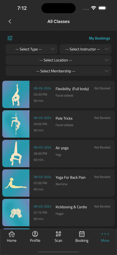 Ramla Studio - Ramla Studio app interface showing a list of fitness classes like yoga and kickboxing available for booking