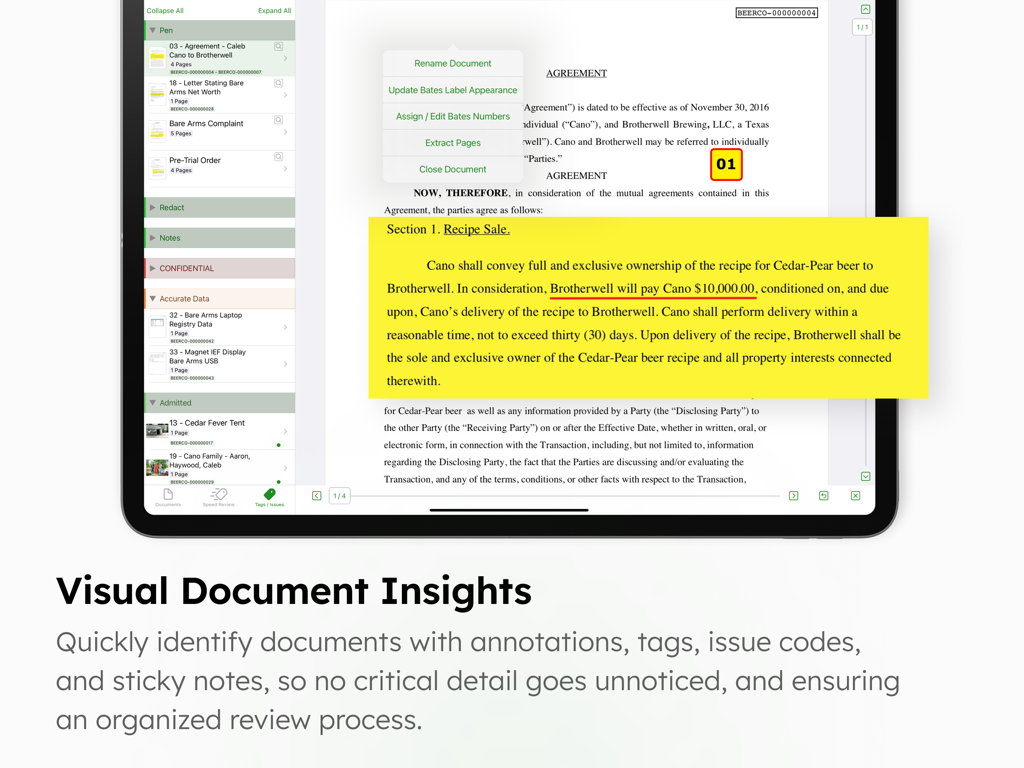DocReviewPad - Review Docs - DocReviewPad app interface on an iPad showing a legal agreement with a yellow virtual sticky note and annotation tools