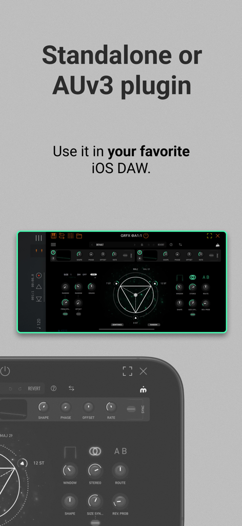 GRFX granular effects app interface as an AUv3 plugin for iOS DAWs