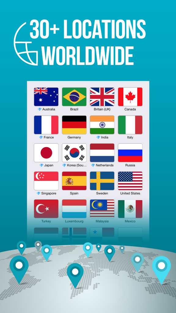 VPNTunnel – Private VPN Spot - Écran de l'application VPNTunnel montrant plus de 30 emplacements de serveurs mondiaux avec des drapeaux de pays et une carte du monde avec des épingles de localisation