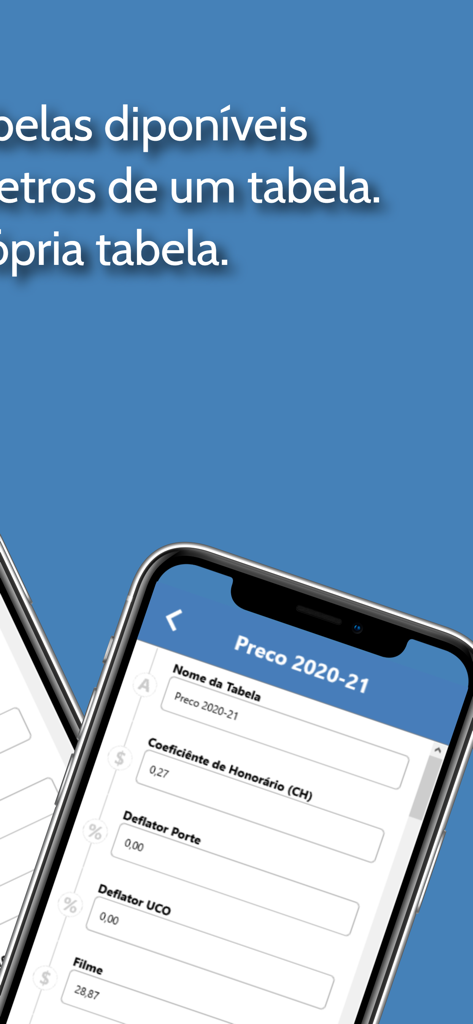 PMED - Preço Médico TUSS CBHPM - Uma tela móvel mostrando a interface do aplicativo PMED para cálculo de honorários médicos com parâmetros como CH e UCO