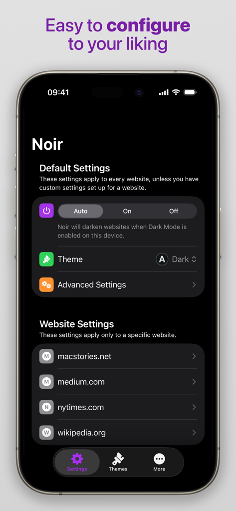 Noir - Dark Mode for Safari - デフォルト設定とウェブサイト固有のダークモード設定を表示するNoirアプリのインターフェース