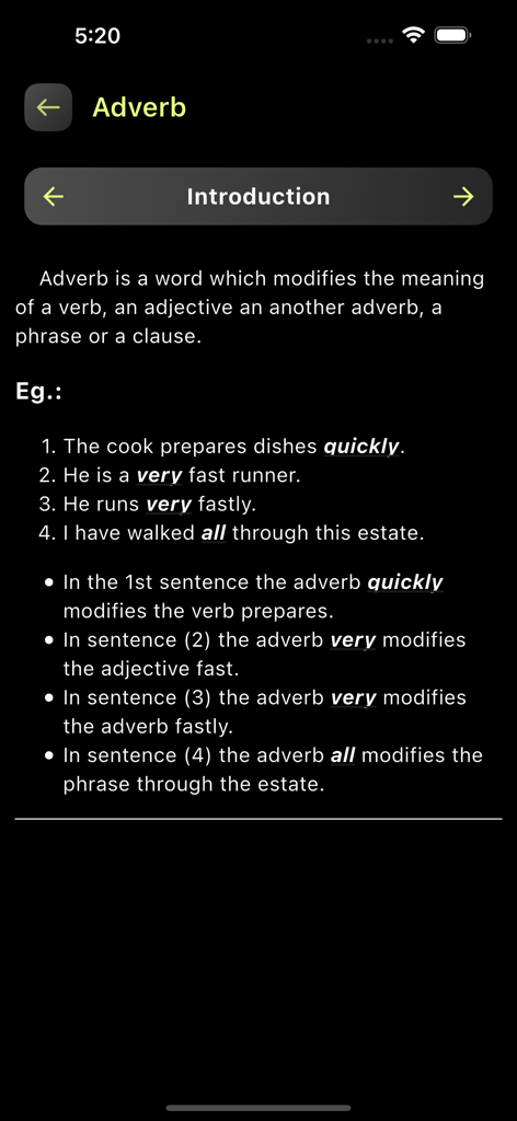 English Grammar Book - A lesson on adverbs in the English Grammar Book app showing definitions and example sentences
