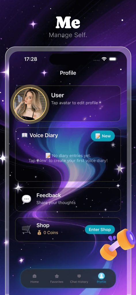 Página de perfil do usuário do aplicativo Hoggi com seções para feedback de diário de voz e loja em um fundo com tema espacial estrelado