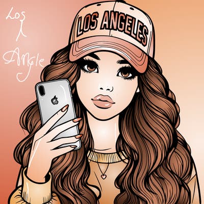 realistic beautiful girl wearing los ángeles cap holding an iphone