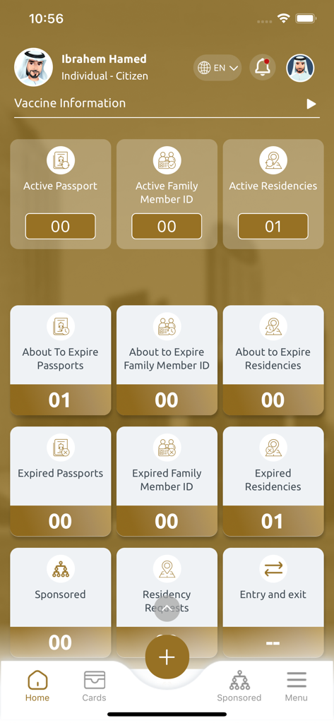 Dashboard mobile dell'app UAEICP che mostra i riepiloghi dello stato per passaporti e residenze
