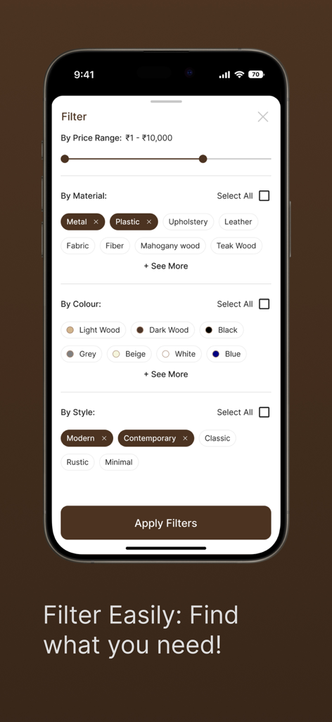 Mobile app interface of Furnyshop showing furniture search filters for price range, material, color, and design style.