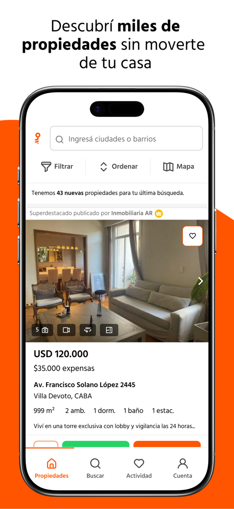 Zonaprop - Zonaprop mobile app interface showing a real estate listing in Buenos Aires with property photos and price in USD