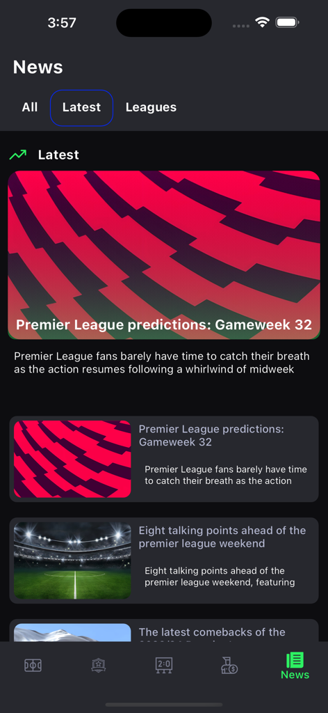 9Goal Footballアプリのニュースインターフェース。最新のサッカーニュースとプレミアリーグ試合予想を表示