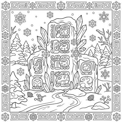 Embark on a unique artistic journey with this captivating coloring page featuring ancient Mayan glyphs nestled within a beautiful winter wonderland scene. Perfect for those who love history, intricate designs, and the serene beauty of a snowy landscape.