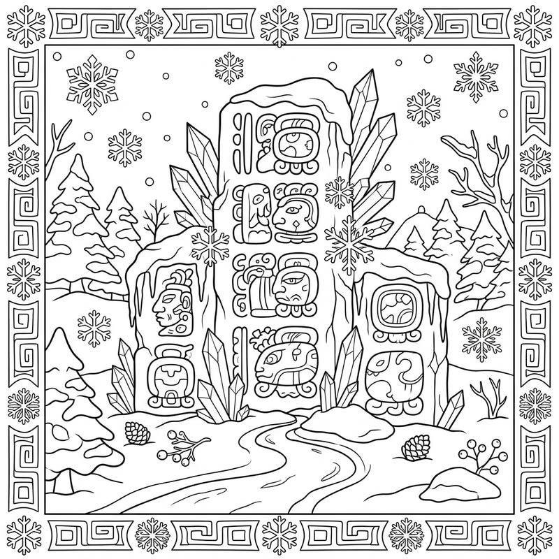 Embark on a unique artistic journey with this captivating coloring page featuring ancient Mayan glyphs nestled within a beautiful winter wonderland scene. Perfect for those who love history, intricate designs, and the serene beauty of a snowy landscape.