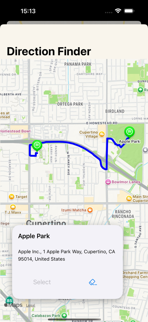 Map view in the Emulator GPS app showing a blue route path to Apple Park in Cupertino